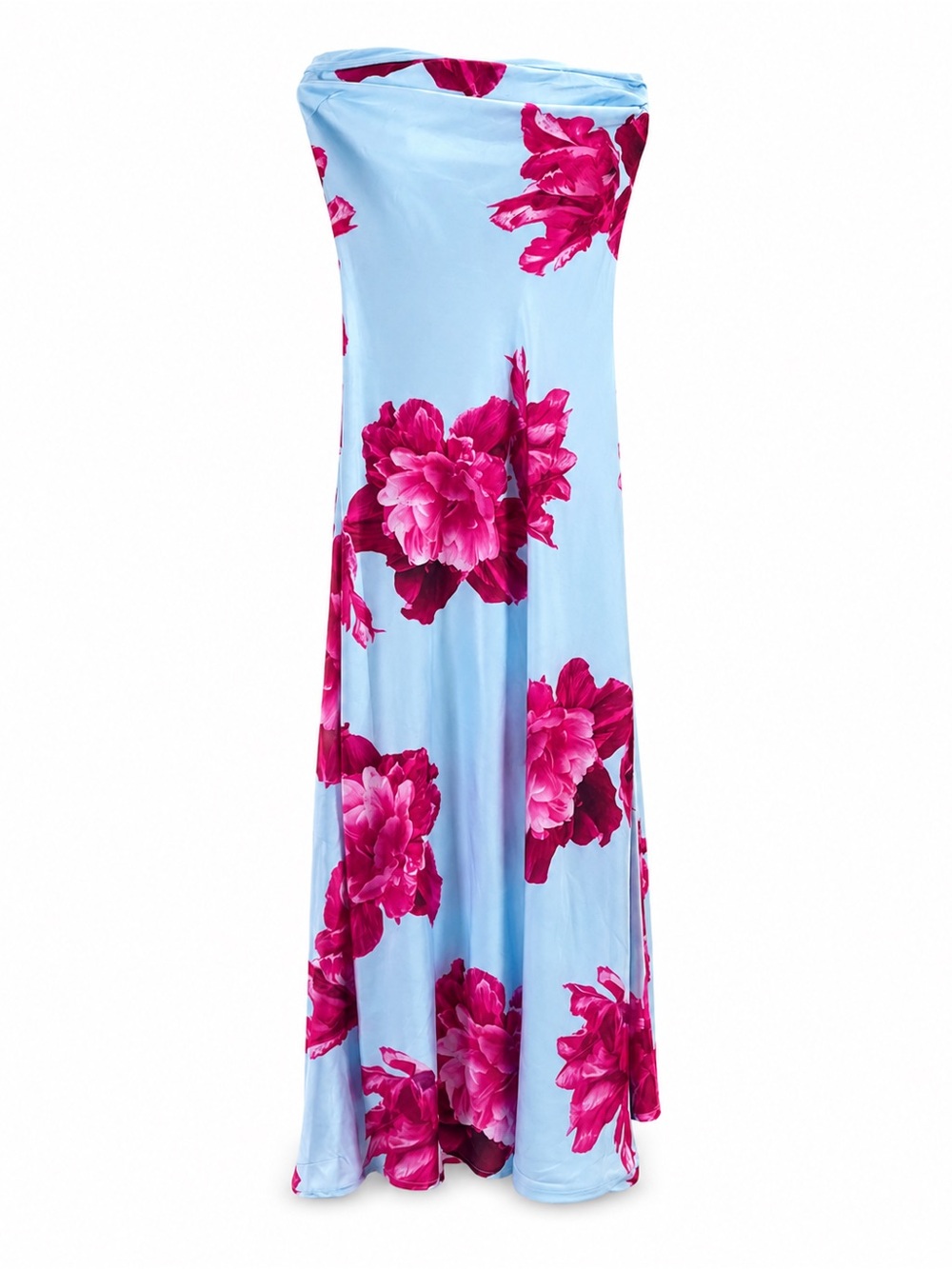 Strapless Blue Maxi Dress with Pink Floral Print